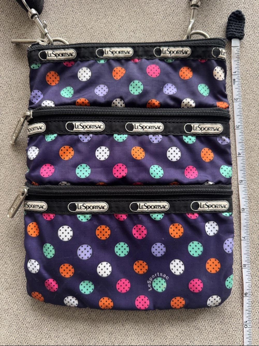 LeSportsac Purple Triple-Zip Crossbody with Multicolor Polka Dots